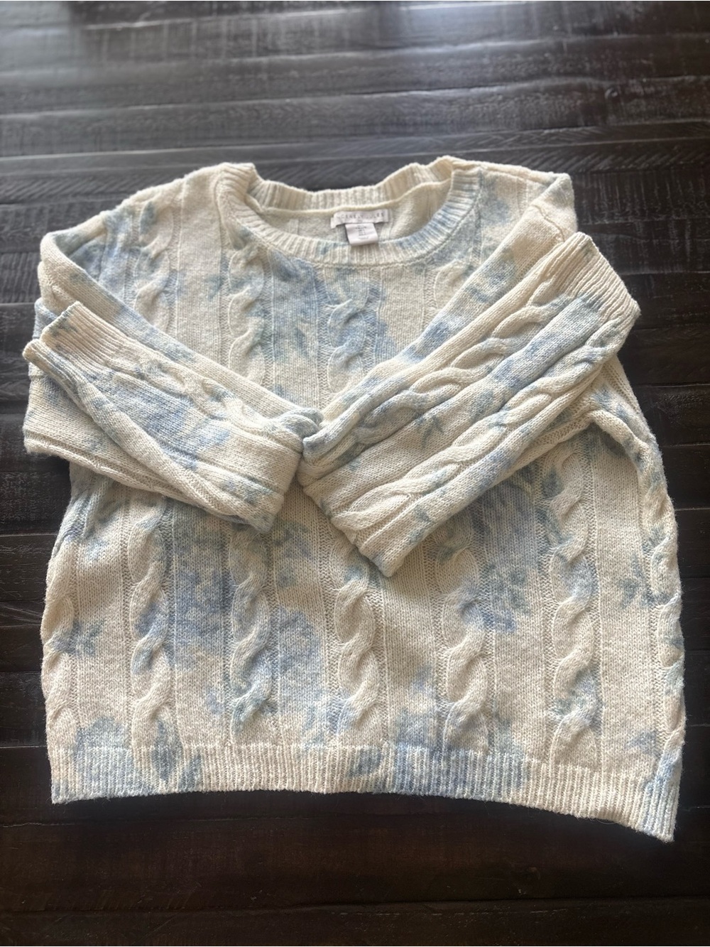 Sincerely Jules Women Large, cable knit blue/white tie dye crew neck, cozy